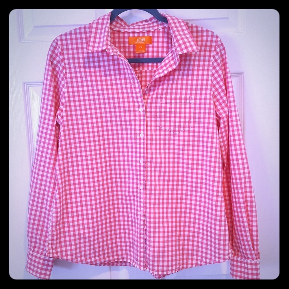 joe fresh, bright pink gingham button down shirt